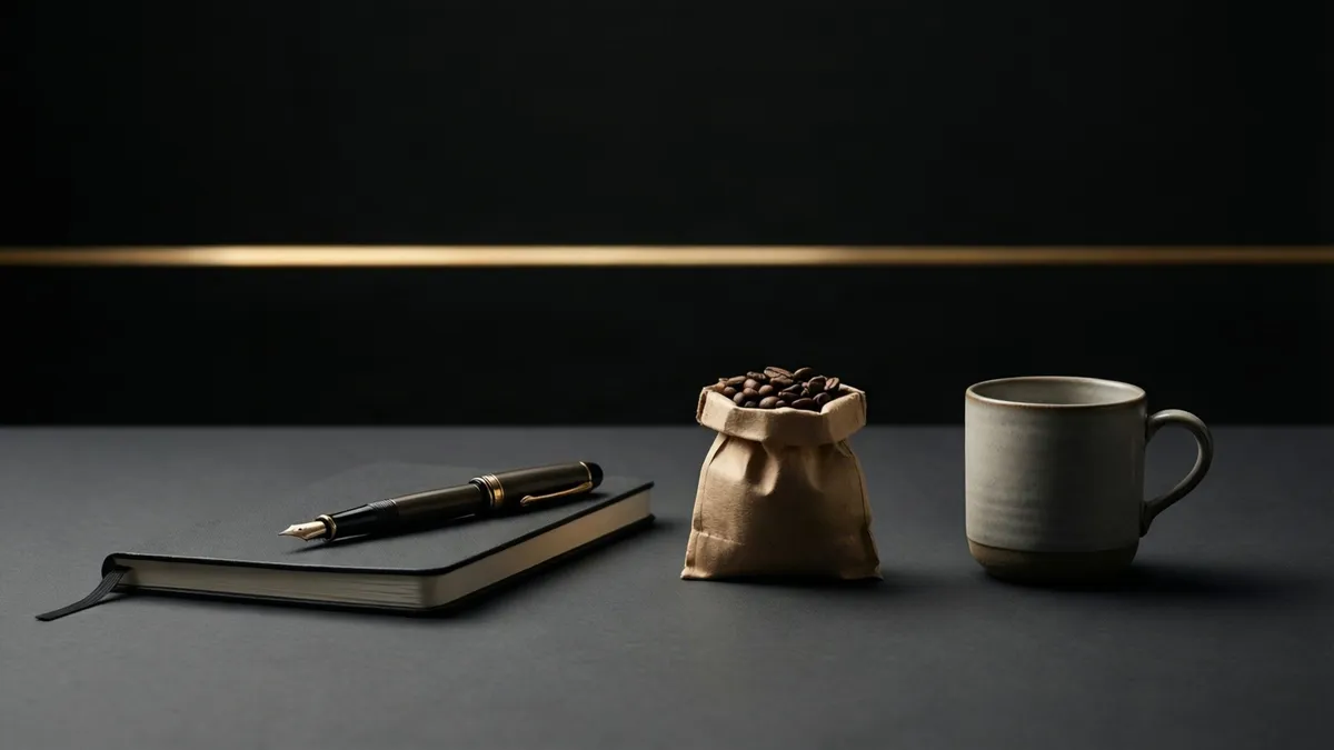 A dark notebook with a fountain pen resting on it, a small cloth bag of coffee beans and a plain ceramic cup on a charcoal desk, lit low with a thin gold line across the wall behind